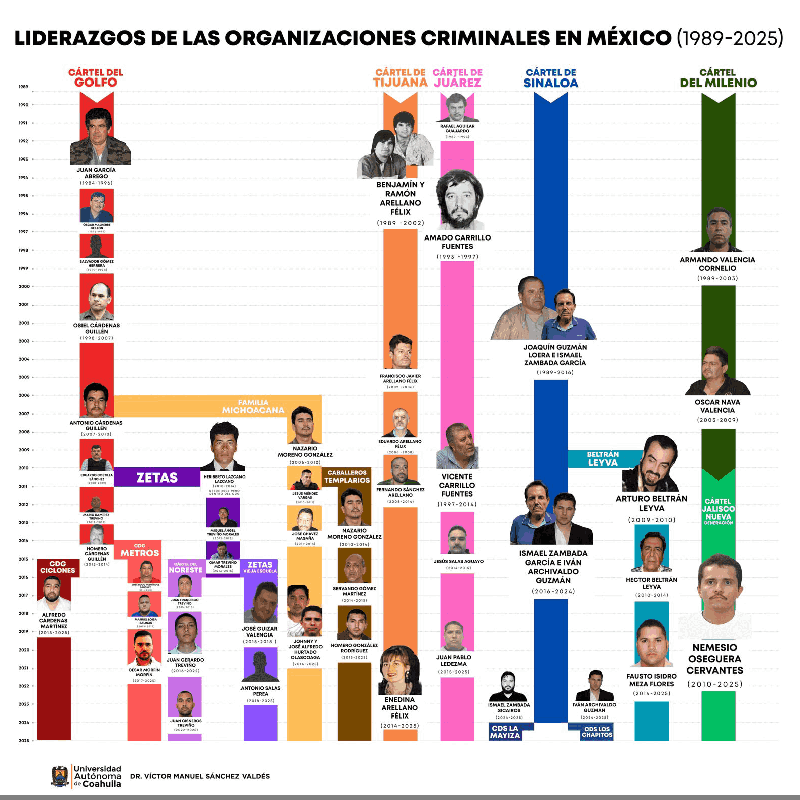 Diagrama sobre la sucesión en el liderazgo de los cárteles mexicanos.