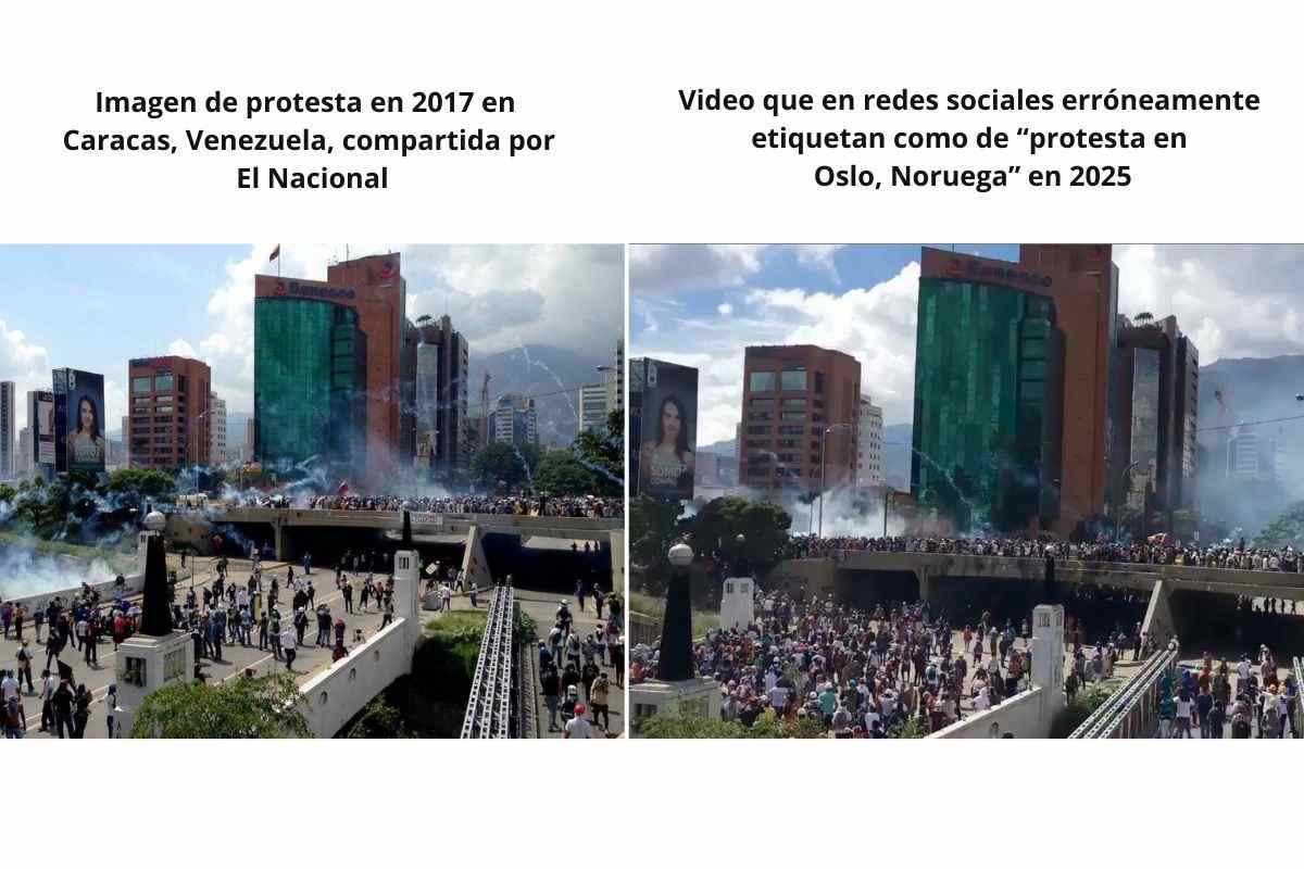 Contrario a lo que afirman publicaciones en redes sociales, este video no es de una manifestación en la capital de Noruega, sino de una en Caracas, Venezuela, en 2017.