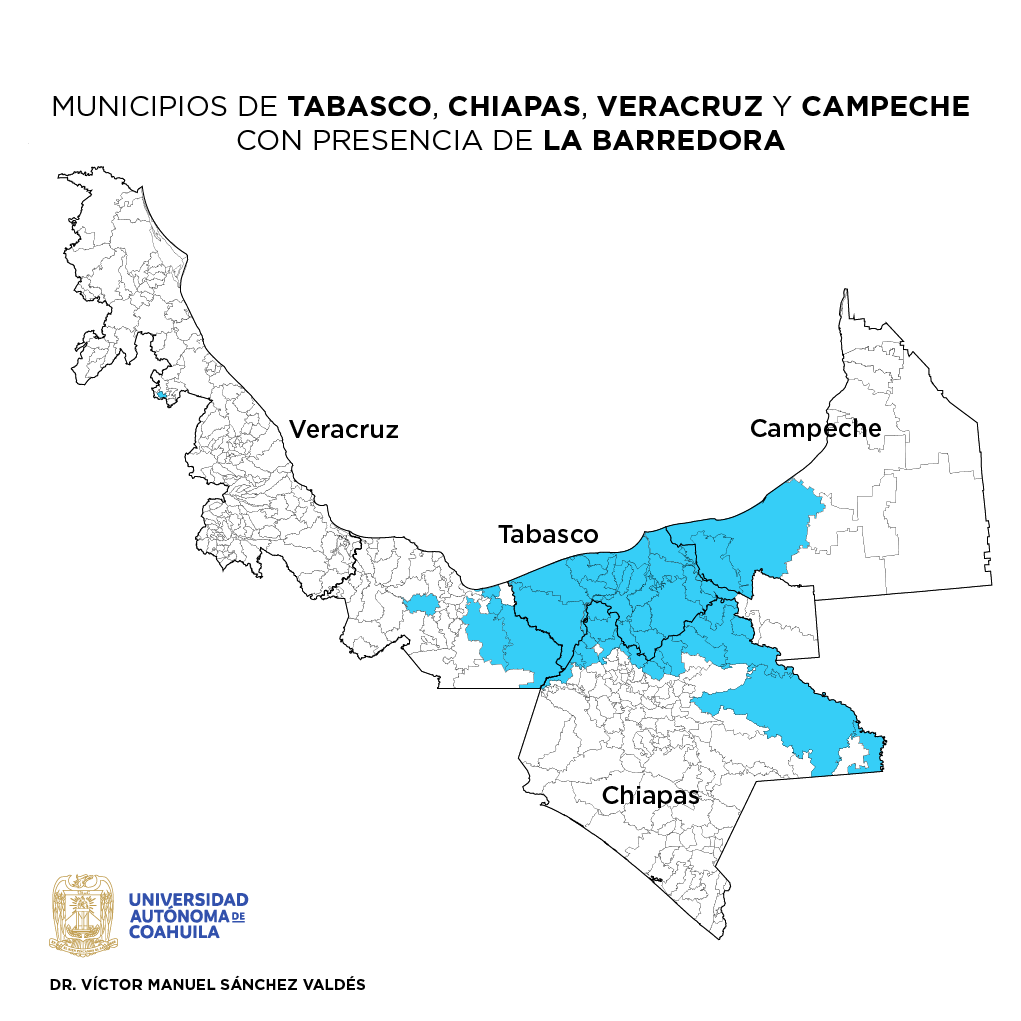 Mapa con la presencia de la Barredora en los estados del sureste mexicano.