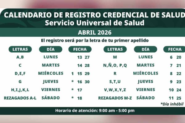 Calendario registro credencial servicio universal salud abril 2026