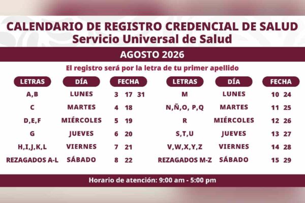 Calendario registro credencial servicio universal salud agosto 2026