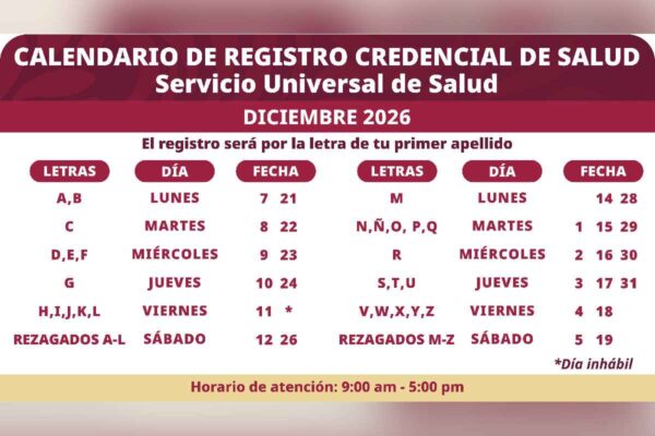 Calendario registro credencial servicio universal salud