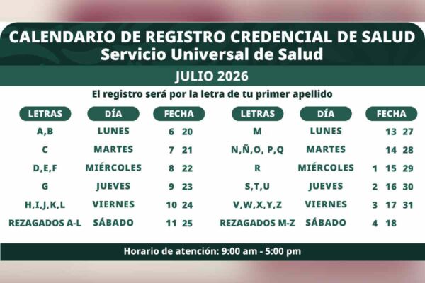 Calendario registro credencial servicio universal salud julio 2026