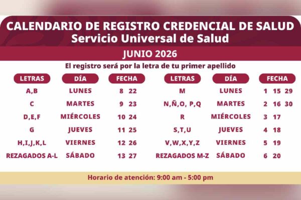 Calendario registro credencial servicio universal salud junio 2026
