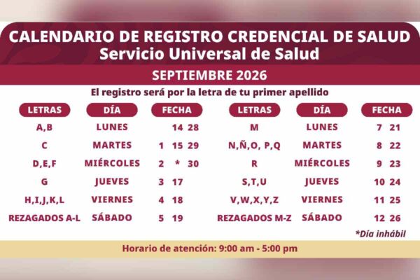 Calendario registro credencial servicio universal salud septiembre de 2026