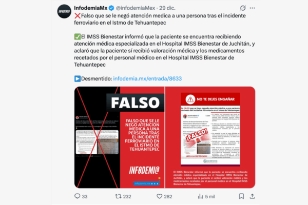  IMSS-Bienestar e Infodemia desacreditaron una denuncia que se viralizó en redes que incluía el testimonio de una víctima del Tren Interoceánico
