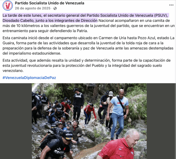El funcionario venezolano realizó una caminata para acompañar el entrenamiento de jóvenes militantes del Partido Socialista Unido de Venezuela en agosto de 2025. El video del suceso ha sido publicado como prueba de su escape del país. 
