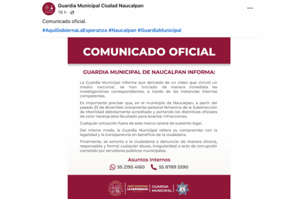 La Guardia Municipal de Ciudad Naucalpan confirmó a El Sabueso que es falso el comunicado en redes sociales donde niega presuntos actos de corrupción en televisión nacional.