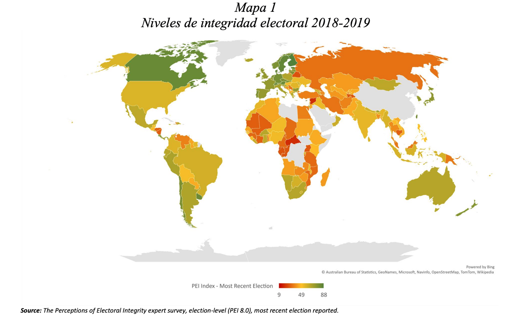 Mapa de los niveles de integridad electoral en el mundo.