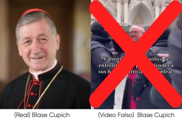 Fuente: Comparación del obispo real con el que aparece en el video desinformante.