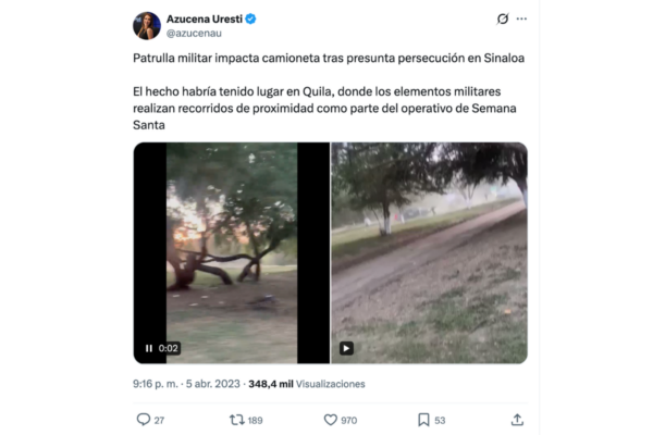 El material corresponde a una presunta persecución entre civiles armados y elementos del ejército en Sinaloa durante un operativo de Semana Santa en 2023.