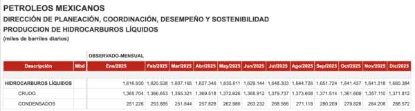 Captura de pantalla de la base de datos de Pemex.