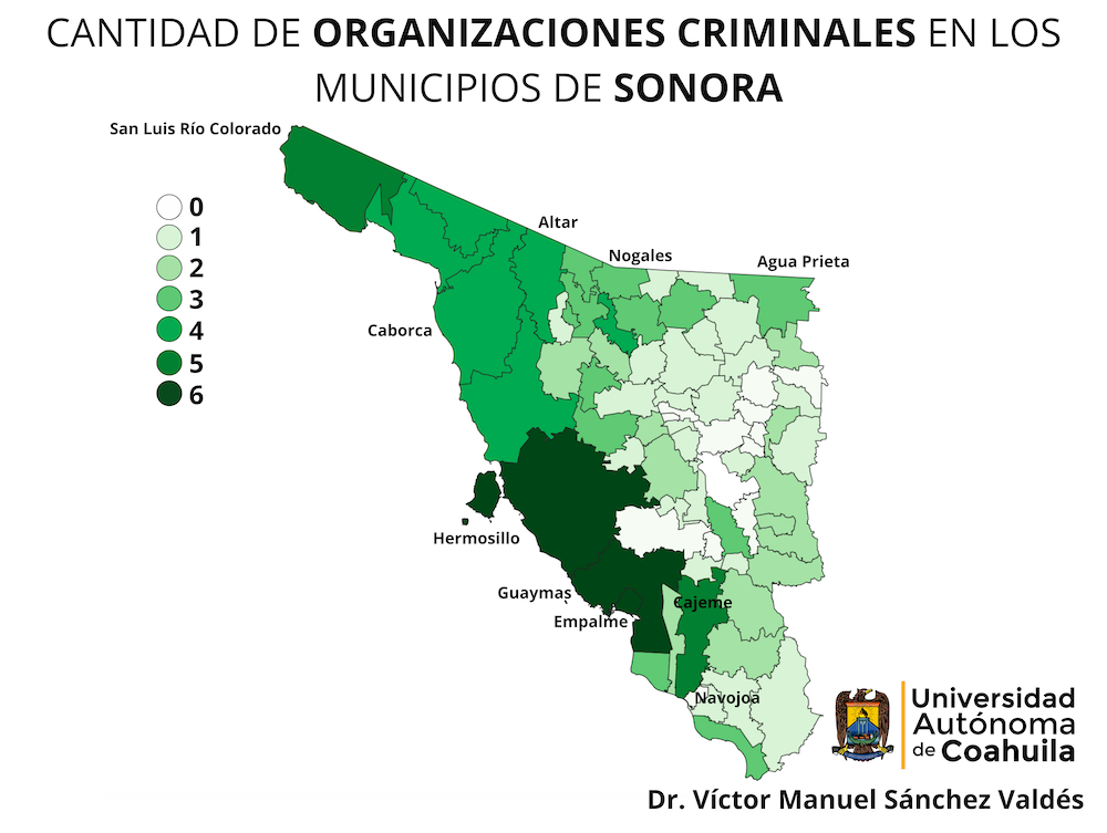 Mapa con la distribución de los cárteles del narcotráfico en Sonora.