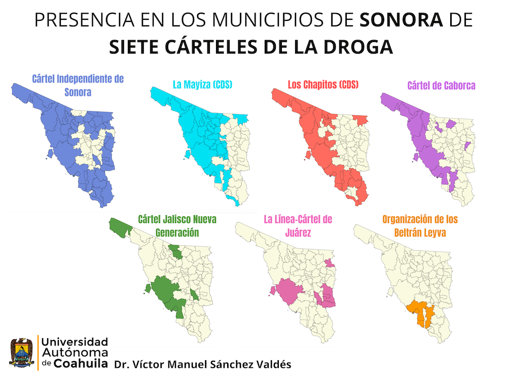 Mapa con la distribución de los cárteles del narcotráfico en Sonora.