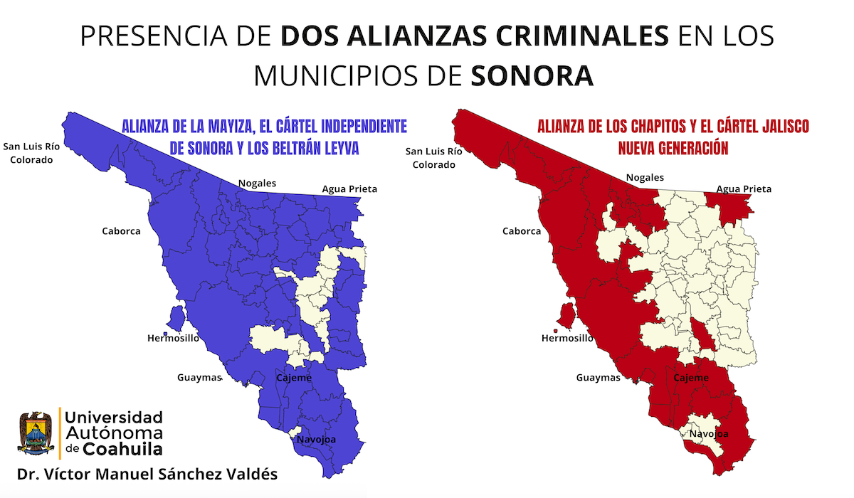 Mapa con la distribución de los cárteles del narcotráfico en Sonora.