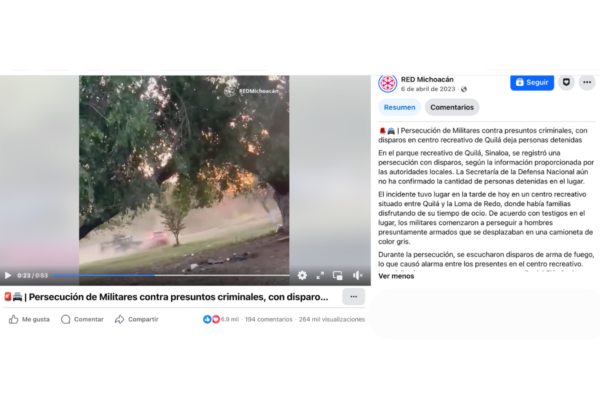 El material corresponde a una presunta persecución entre civiles armados y elementos del ejército en Sinaloa durante un operativo de Semana Santa en 2023. 