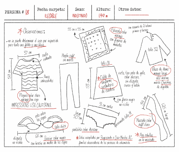 Datos recopilados por Regresando a Casa Morelos, familias observadoras en los procesos de exhumación en las fosas comunes de Jojutla y Tetelcingo en 2017. Diseño elaborado por la Campaña de Impacto del documental Volverte a ver, de Carolina Corral.