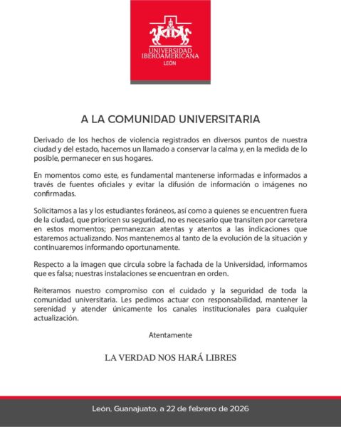 La fachada de la Ibero León no fue incendiada tras el abatimiento del “Mencho”; la universidad lo desmintió